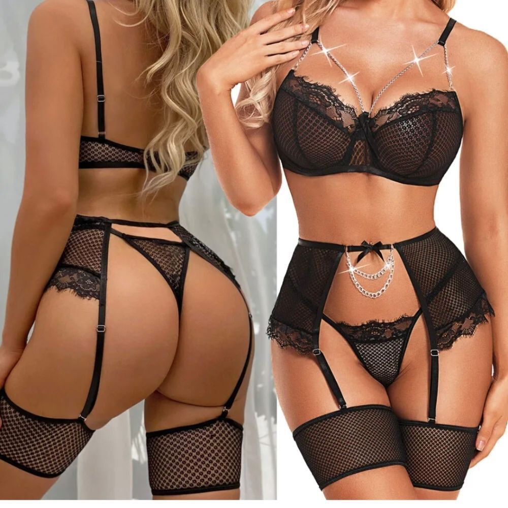 Sexy Garter Set Lingerie For Women Fishnet Underwire Lace 4 Piece Sleepwear US